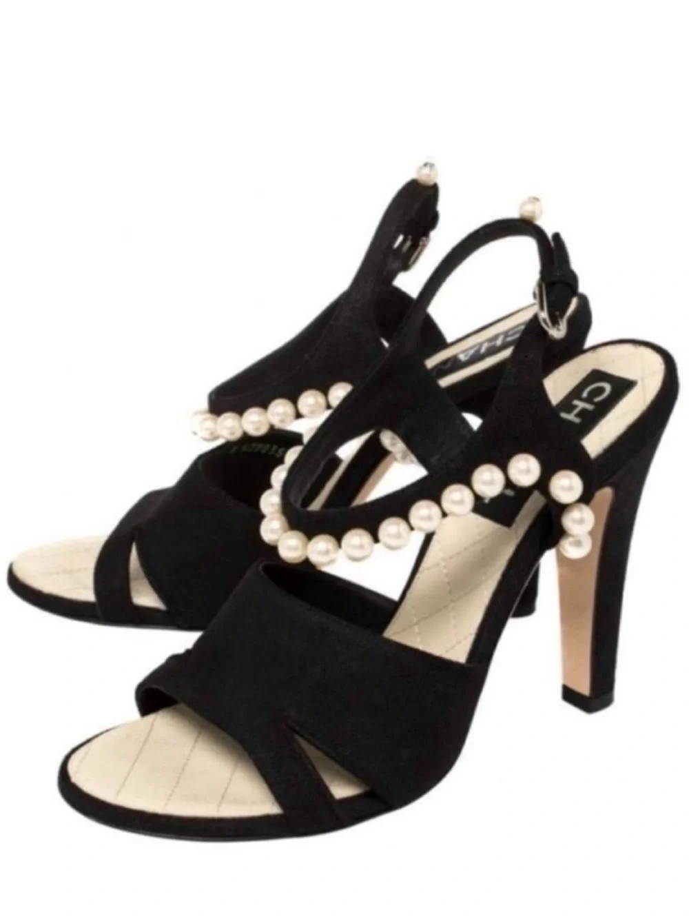 CHANEL Black Suede Faux Pearl Slingback Heeled CC Runway Sandals
